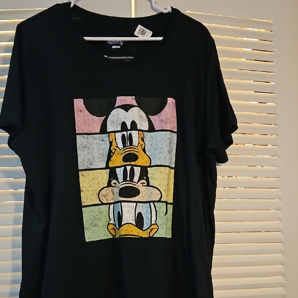 Disney Black Short Sleeve Tee with Mickey, Pluto & Donald Pastel Panels